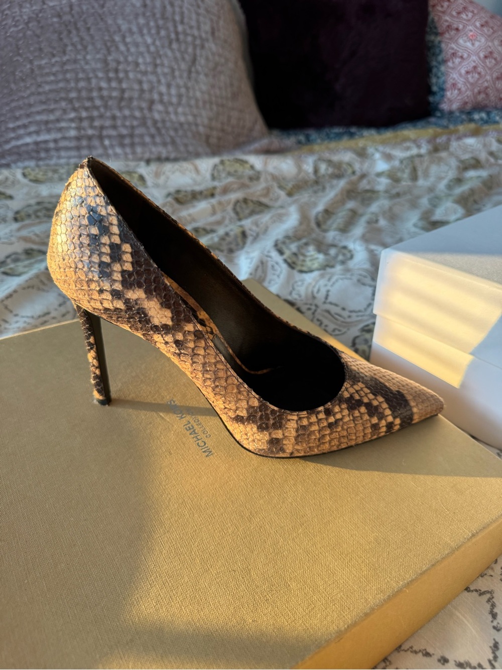 Michael Kors Snake-Print Pointed Toe Stiletto Pump in Brown and Tan